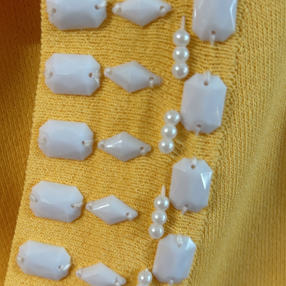 Bright yellow beaded ladies, sweater XL by Evelyn. This is a shorter sleeve. - Picture 3 of 6